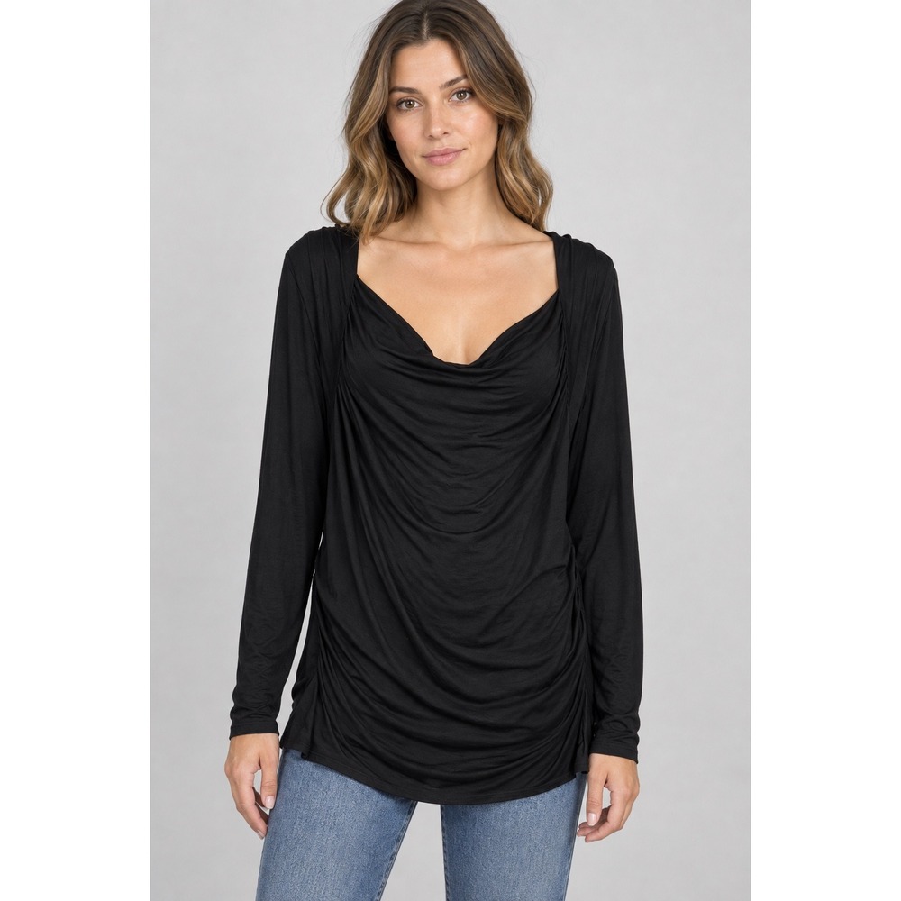 Three Dots Cowl Neck Ruched Top Womens XL Black Long Sleeve Minimalist Tunic